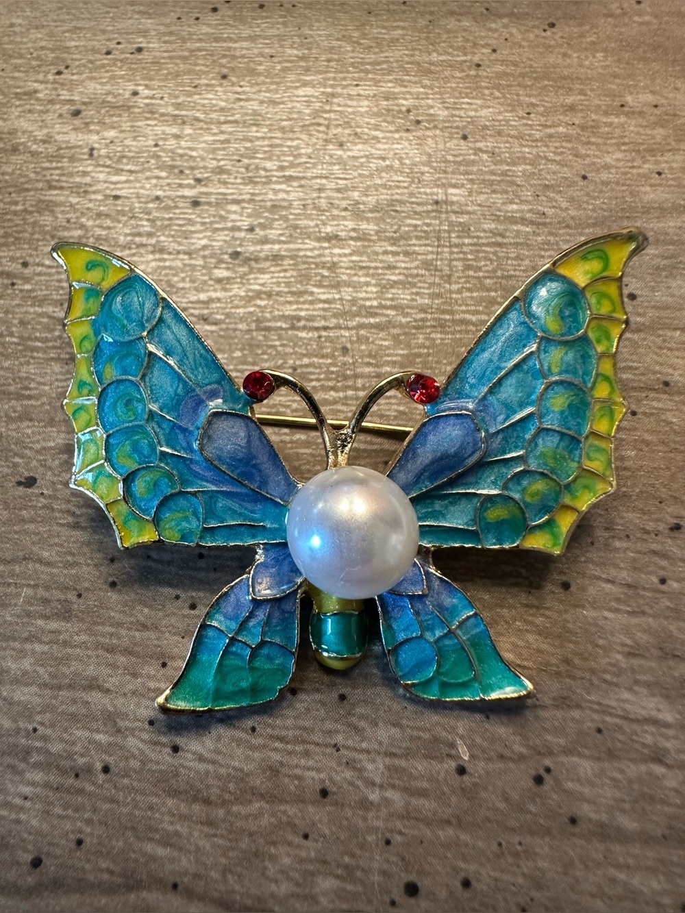 Enamel Butterfly Brooch with Pearl Accent - Blue & Green